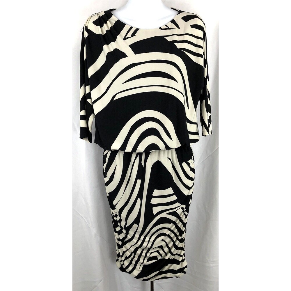 Boston proper blouson midi dress 8 Blk Beige geo ruched sides Dolman sleeves